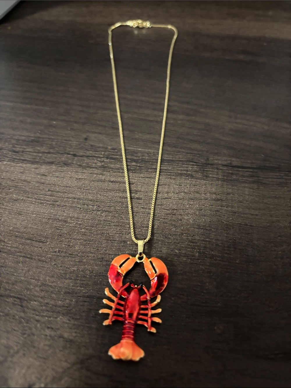 Gold tone Chain Necklace with Red Lobster Pendant